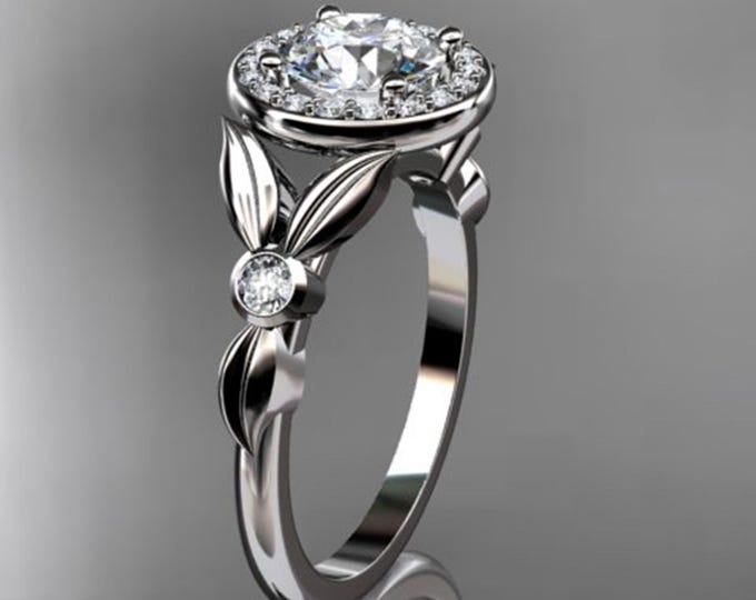 Round Lab Diamond Halo Engagement Ring 1 CT Diamond IGI Certified Leaf Wedding Ring Nature Inspired