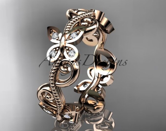 Nature inspired Wedding Ring 14kt Rose Gold Diamond Floral butterfly Wedding Ring Engagement Ring Wedding band