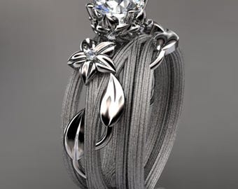 Nature Inspired Engagement Ring Set 14k White Gold 1 Carat Lab Grown Diamond IGI Certified