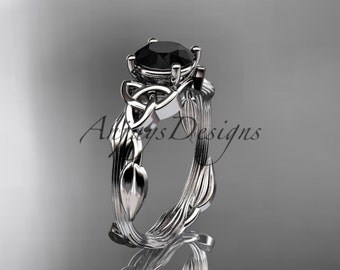 Celtic Black Diamond 14k White Gold Leaf Inspired Engagement Ring
