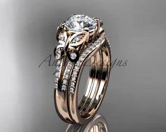 Unique Butterfly Wedding Ring Sets Nature Inspired 14k Rose Gold Bridal Ring Set Moissanite Forever One Engagement Set For Women