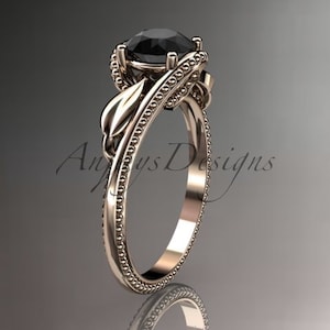 Floral Ring Unique 14kt Rose Gold Engagement Ring with black Diamond center stone