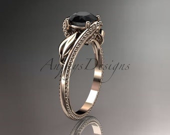 Floral Ring Unique 14kt Rose Gold Engagement Ring with black Diamond center stone