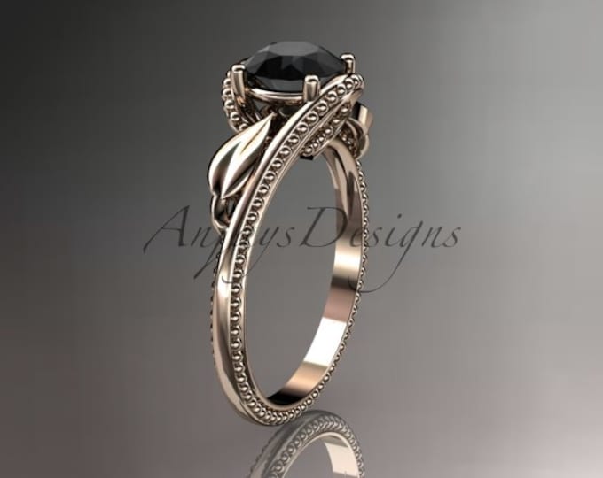 Floral Ring Unique 14kt Rose Gold Engagement Ring with black Diamond center stone