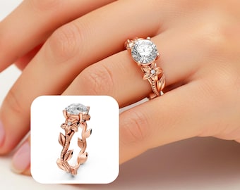 Nature Inspired Diamond Engagement Ring 2 Carat Round Diamond Flower Ring 14K Rose Gold Lab Grown Diamond Floral Ring