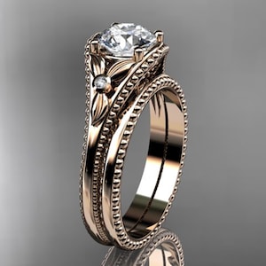 Floral inspiriert 1ct Diamant Hochzeit Ring Set 14k Gold Natur Blatt Verlobung Set