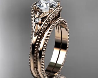 Floral Inspired 1ct Diamond Wedding Ring Set 14k Gold Nature Leaf Engagement Set