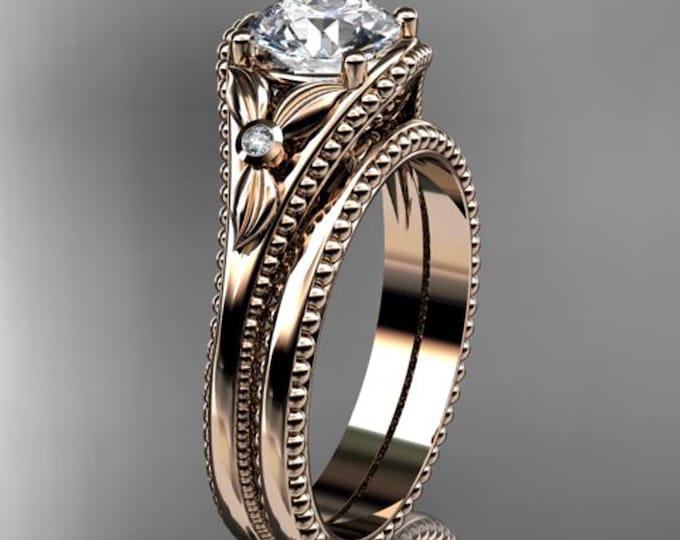 Floral Inspired 1ct Diamond Wedding Ring Set 14k Gold Nature Leaf Engagement Set