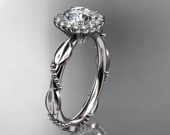1 Carat Round Lab Grown Diamond Nature Inspired Engagement Ring 14k White Gold Leaf Proposal Ring Beaded Ring
