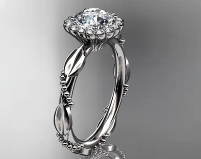 1 Carat Round Lab Grown Diamond Nature Inspired Engagement Ring 14k White Gold Leaf Proposal Ring Beaded Ring