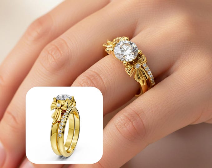 1 Carat Round Lab Grown Diamond Engagement Ring Set in 14k Gold Bridal Set Diamond Rings Unique Bow Wedding Ring Set