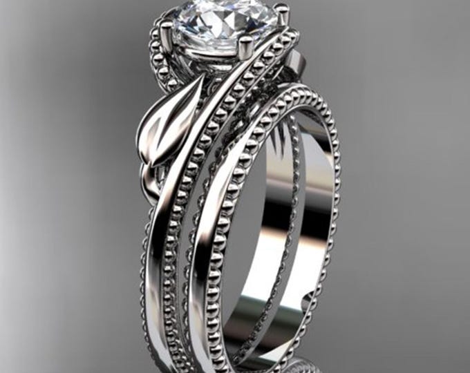 1 Carat D VS1 IGI Certified Lab Grown Round Cut Diamond Engagement Ring Set Nature Inspired Leaf Ring & Matching Band
