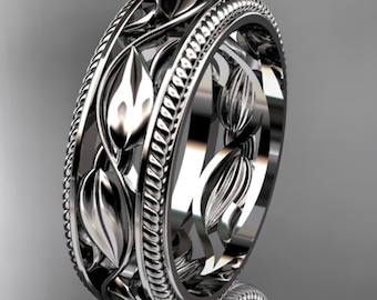Nature Inspired Leaf Wedding Band 14k White Gold Handmade Botanical Ring Unique Wedding Ring