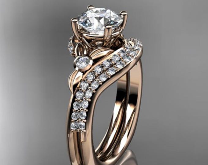 Nature Bridal Set 1 CT Round Lab Grown Diamond Ring Dainty Engagement Ring Set 14k Rose Gold Unique Ring