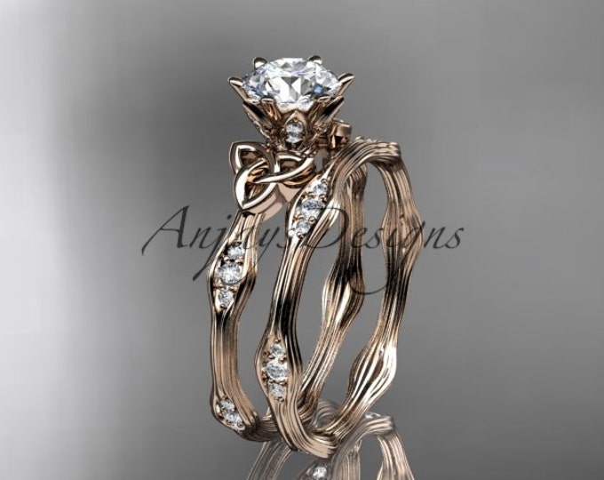 White Sapphire 14k Gold Wedding Ring Set Celtic Knot Engagement Set Women's Bridal Ring Set Anniversary Gift