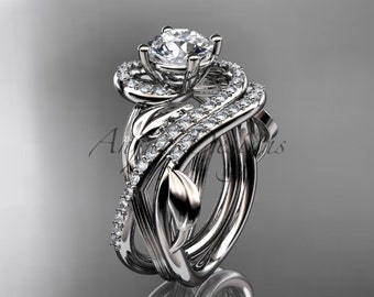 Leaf Engagement Ring Unique 14kt white Gold Diamond leaf and vine Wedding set Engagement set