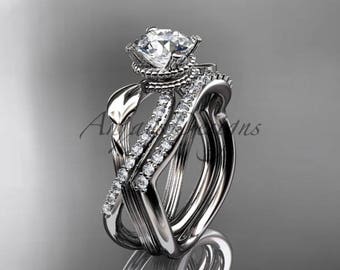 White Sapphire Engagement Ring Set 14k White Gold Curved Diamond Wedding Band Bridal Set For Women