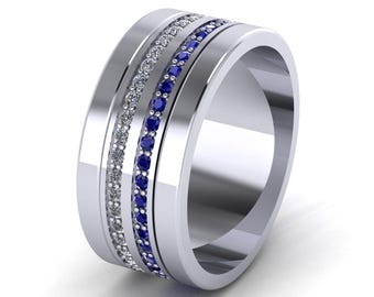 Custom Lab Diamond and Blue Sapphire Wedding Ring Band in Sterling Silver - Reserved for Jill