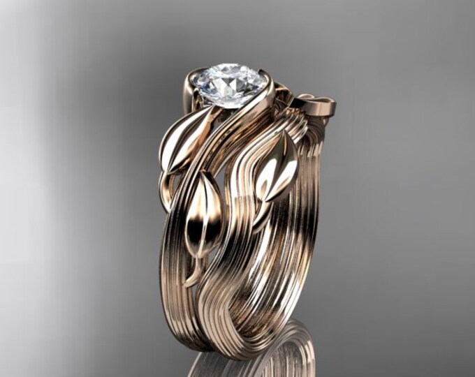 Unique Floral Engagement Ring Set Bridal Set 14k Rose Gold 1 CT Lab Grown Diamond Leaf Vine Wedding Ring Set