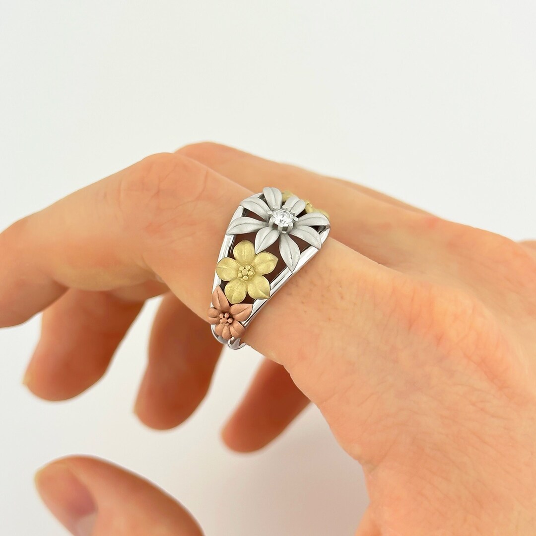 Unique Flower Rings Unique Flower Ring 14k Solid Gold Tri-color Anniversary Ring - Etsy
