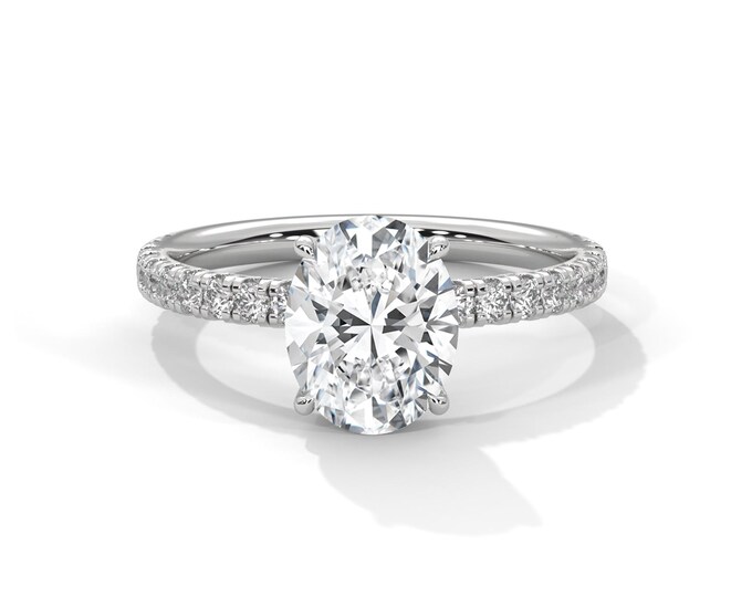 2CT Oval Cut Lab Grown Diamond Engagement Ring Half Eternity Diamond Ring Hidden Halo 14k White Gold IGI Certified
