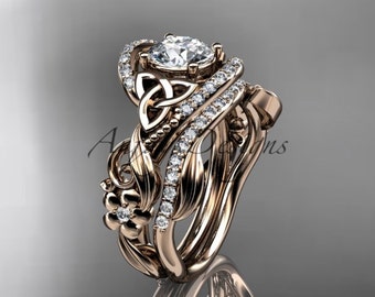 Unique Engagement Ring Set 14k Rose Gold Engagement Rings Celtic Floral