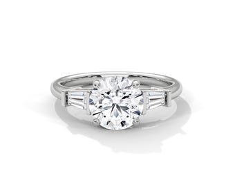2 Carat Round Cut Diamond Three Stone Ring E VS2 Round & Tapered Baguette 3 Stone Ring 18k White Gold Unique Engagement Ring IGI Certificate