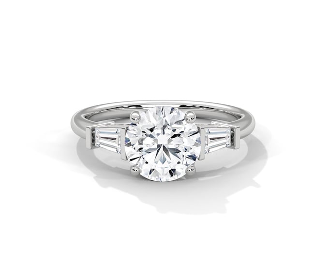 2 Carat Round Cut Diamond Three Stone Ring E VS2 Round & Baguette 3 Stone Ring 18k White Gold Unique Engagement Ring IGI Certificate