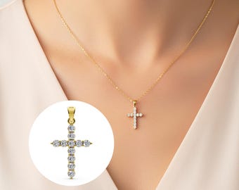 Diamond Cross Pendant 14K Solid Gold Cross Necklace Lab Grown Diamond Everyday Cross Charm