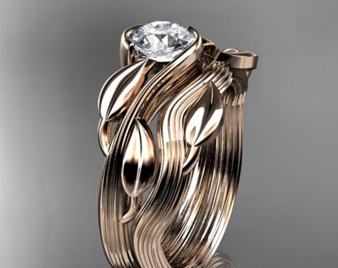 Unique Floral Engagement Ring Set Bridal Set 14k Rose Gold 1 CT Lab Grown Diamond Leaf Vine Wedding Ring Set