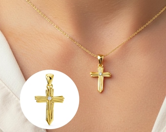 Nature Inspired Cross Pendant 14K Yellow Gold Branch Cross Necklace Lab Grown Diamond
