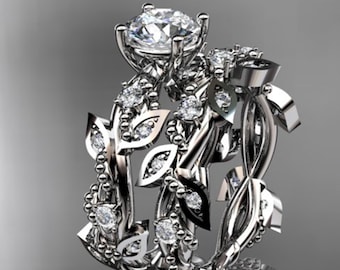 Nature Inspired Engagement Ring Set 14k White Gold 1 Carat Lab Grown Diamond Leaf Vine Ring & Matching Band