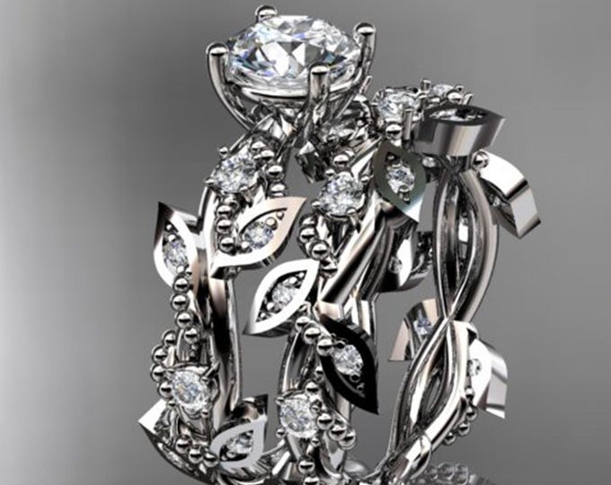 Nature Inspired Engagement Ring Set 14k White Gold 1 Carat Lab Grown Diamond Leaf Vine Ring & Matching Band