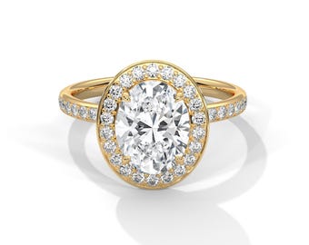 2 Carat Oval Cut E VS1 Engagement Ring - 2 CT Oval Lab Grown Diamond Halo Ring - 18K Yellow Gold Ring - IGI Certified