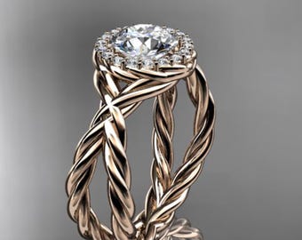 18K Rose Gold Rope Engagement Ring 1 Carat Round Lab Grown Diamond IGI Certified Twisted Bridal Ring