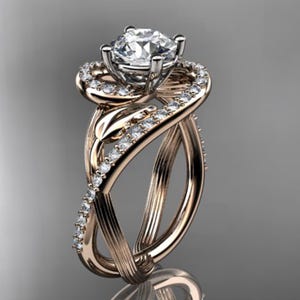 Unique Nature Inspired Engagement Ring 1 CT Lab Grown Diamond Ring 14k Rose Gold Leaf Petal Ring