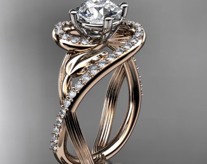 Unique Nature Inspired Engagement Ring 1 CT Lab Grown Diamond Ring 14k Rose Gold Leaf Petal Ring