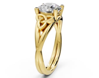 Celtic Engagement Ring 14k Yellow Gold 2 Carat Round Diamond IGI Certified Lab Grown Diamond Trinity Knot Wedding Ring