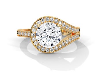 Unique Round Diamond Halo Engagement Ring 2 Carat Lab Grown Diamond 14k Yellow Gold Split Shank Ring IGI Certified