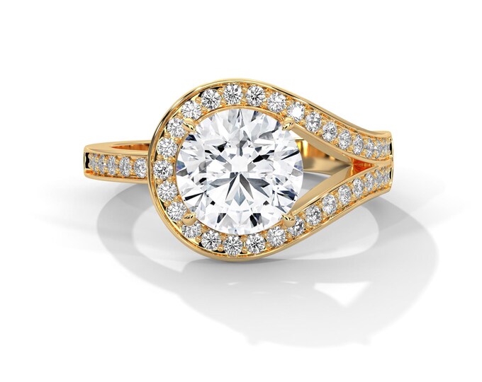 Unique Round Diamond Halo Engagement Ring 2 Carat Lab Grown Diamond 14k Yellow Gold Split Shank Ring IGI Certified