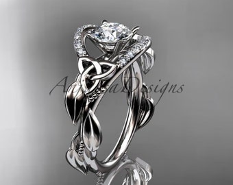 Platinum White Sapphire Wedding Ring Nature Inspired Leaf Vine Celtic Engagement Bridal Ring For Her