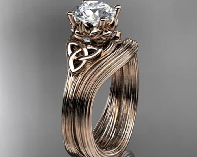 Celtic Knot Engagement Set 14k Rose Gold Ring 1 Carat Round Lab Grown Diamond Nature Inspired Bridal Set