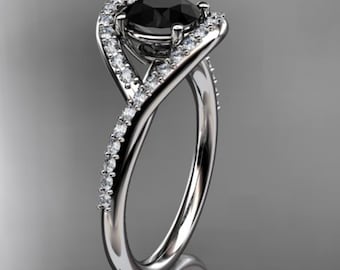 1 Carat Round Cut Black Diamond Engagement Ring Solitaire Halo 14k White Gold Dainty Ring