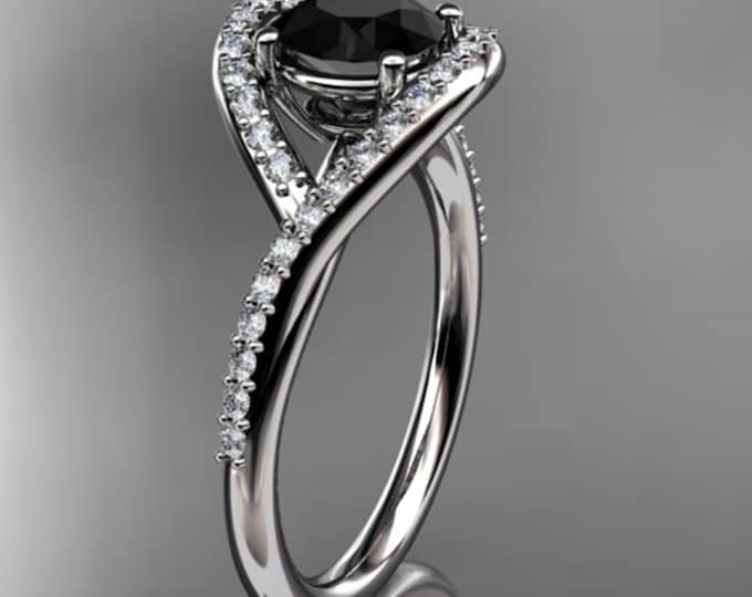 1 Carat Round Cut Black Diamond Engagement Ring Solitaire Halo 14k White Gold Dainty Ring