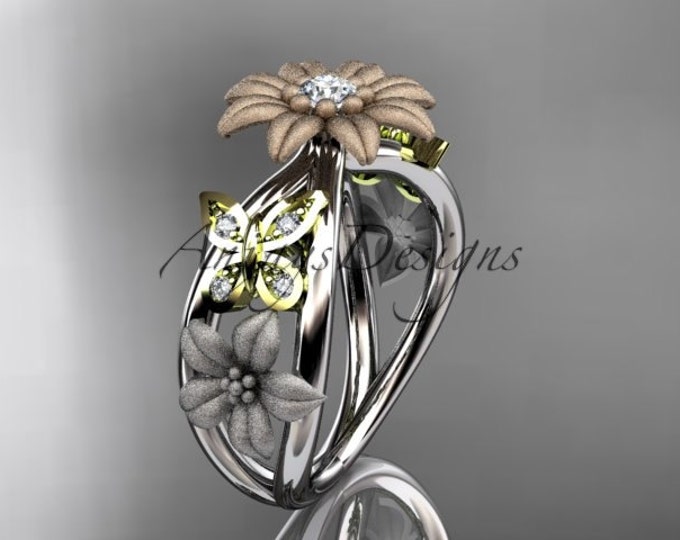 Nature Inspired Diamond Leaf Floral Engagement Ring Sunflower Design Butterfly Wedding Ring Gold 14k Solid Gold IGI Certified