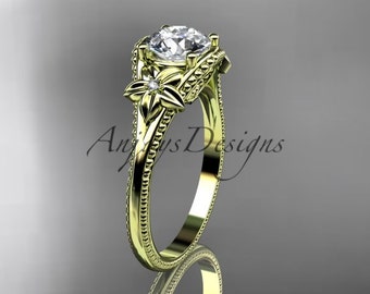 Unique Flower Engagement Ring 14k Yellow Gold White Sapphire Nature Inspired Minimalist Wedding Ring For Women