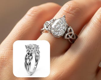 Celtic Engagement Ring 2 Carat Pear Cut Lab Grown Diamond Solitaire Ring 14k White Gold
