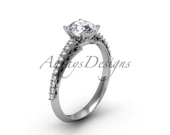 Antique Solitaire Moissanite Promise Ring in 14k White Gold Vintage Art Deco Engagement Ring For Her