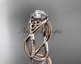 Charles and Colvard Moissanite Wedding Ring 14k Rose Gold Celtic Solitaire Engagement Ring