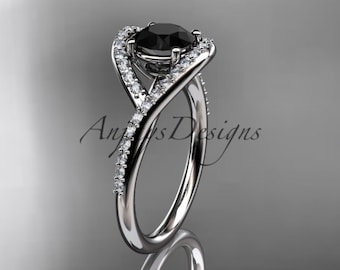 Solitaire Black Diamond Engagement Ring 14k White Gold Art Deco Unique Bridal Promise Ring For Her